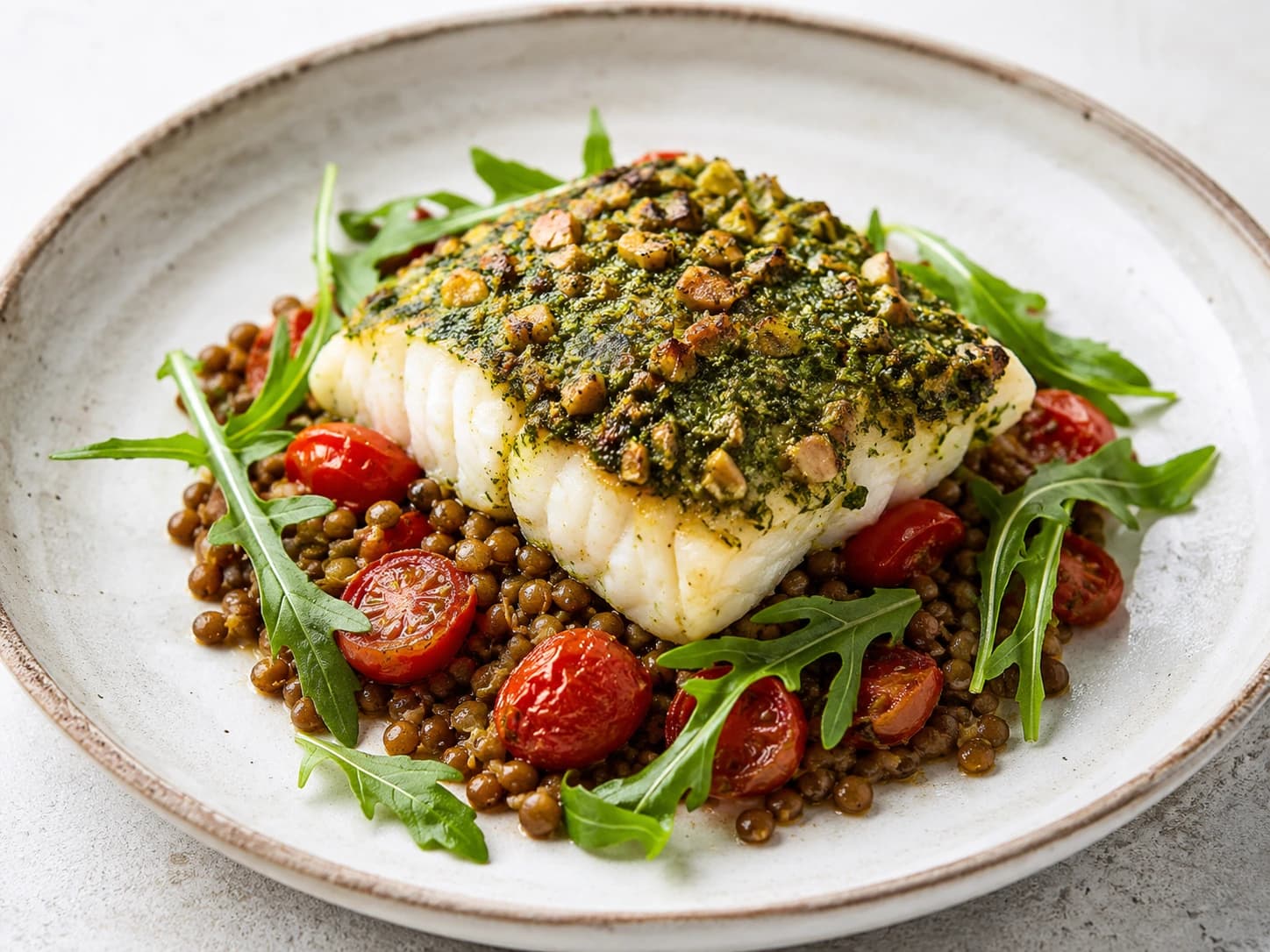 Bacalao con pesto de albahaca, lentejas y tomate