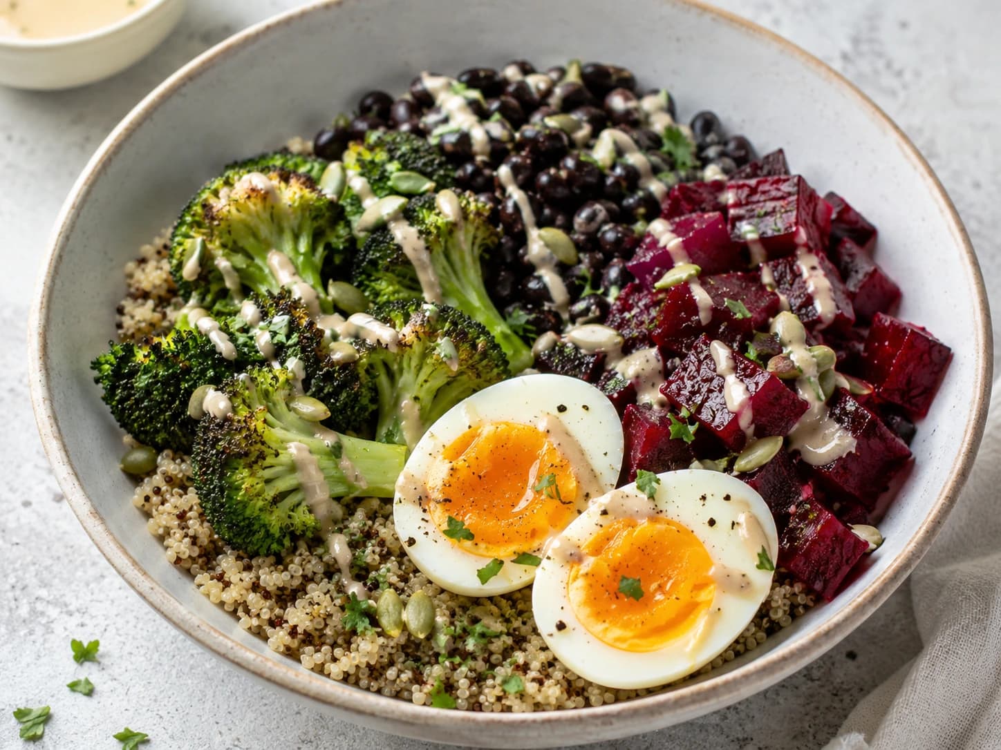 Bowl templado de quinoa, brócoli, remolacha y huevo