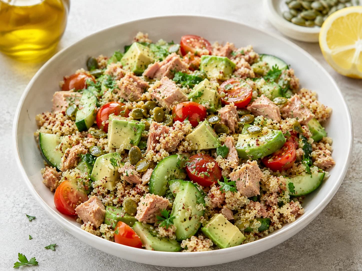 Ensalada de atún, aguacate y quinoa con limón