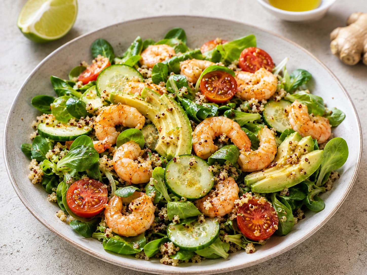 Ensalada de gambas, quinoa, aguacate y canónigos