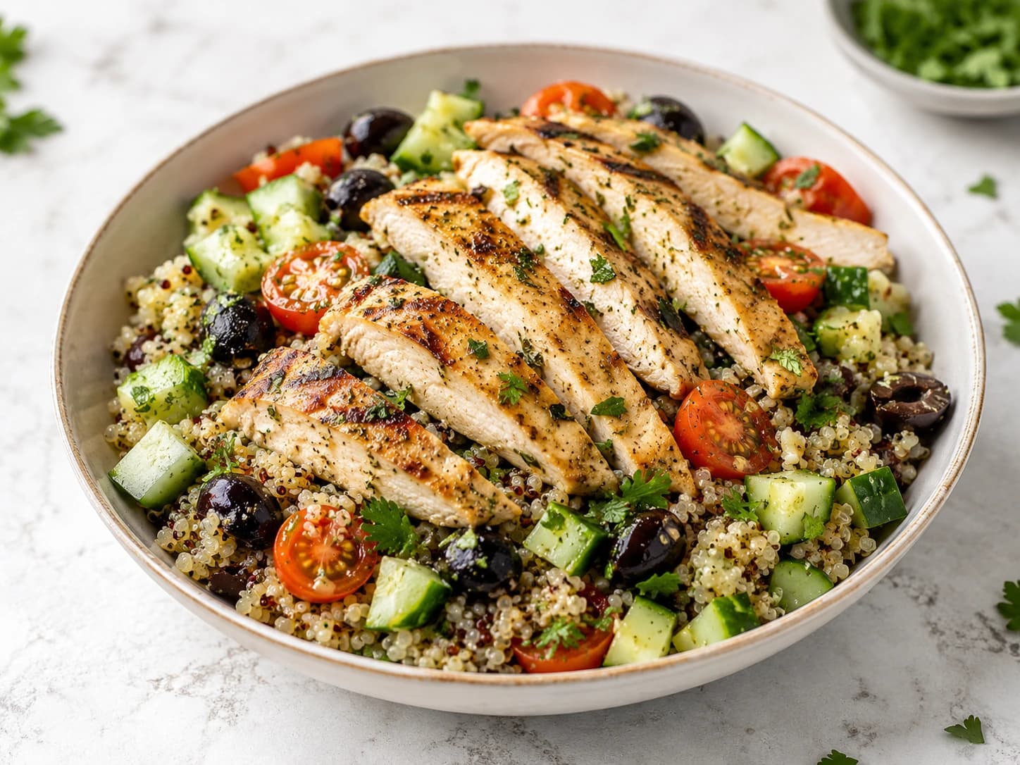 Ensalada de pollo, garbanzos y albahaca fresca
