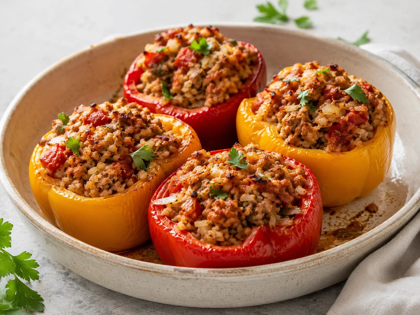 Pimientos rellenos de pavo, arroz integral y especias