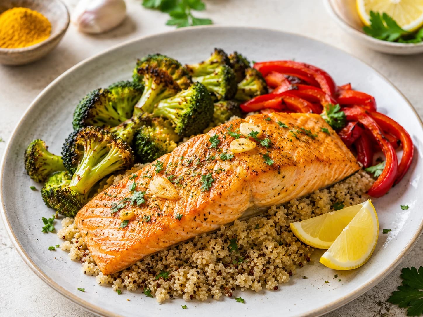 Salmón al horno con cúrcuma, brócoli y quinoa