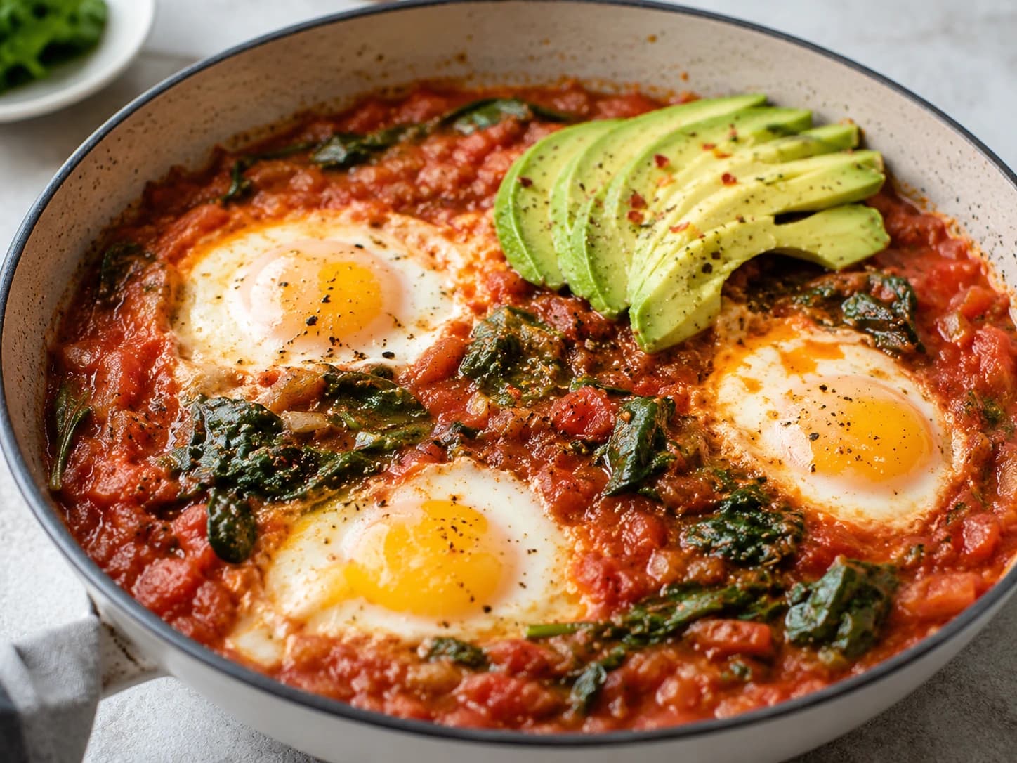 Shakshuka de tomate, espinacas y aguacate