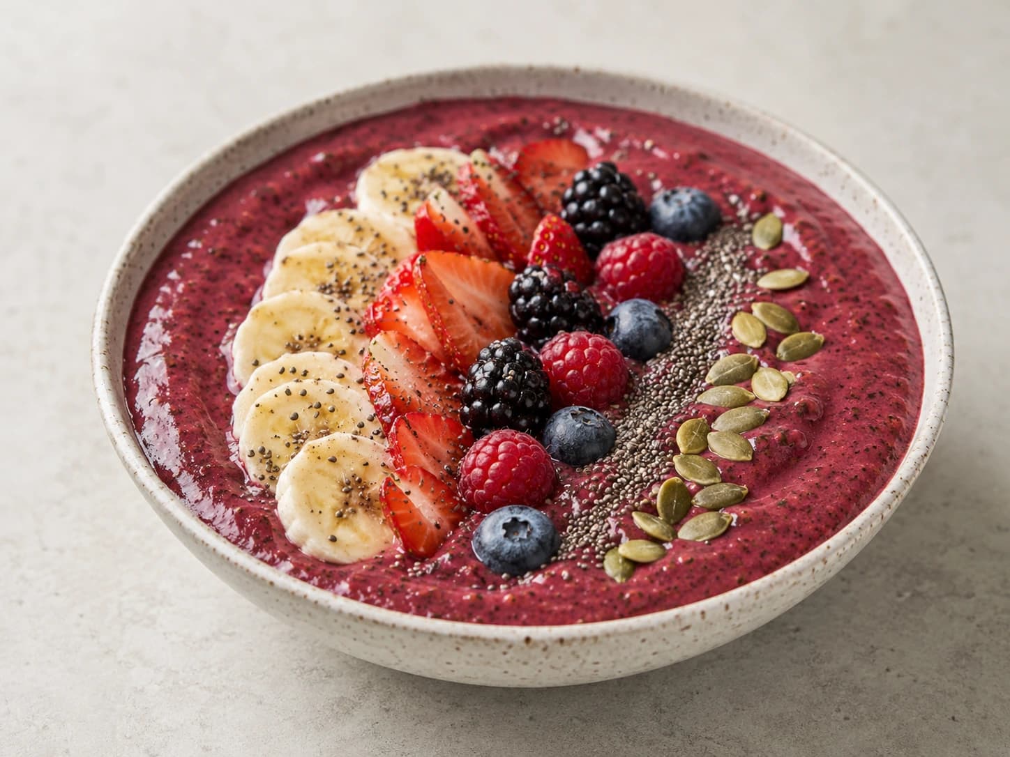Smoothie bowl de frutos rojos, espinacas y semillas