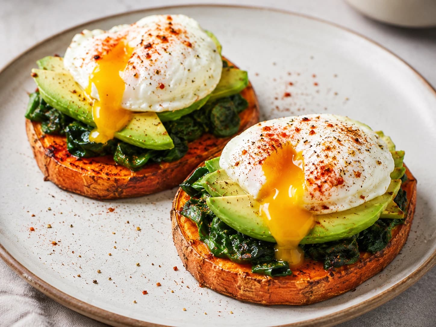 Tostadas de boniato con espinacas, huevo y aguacate